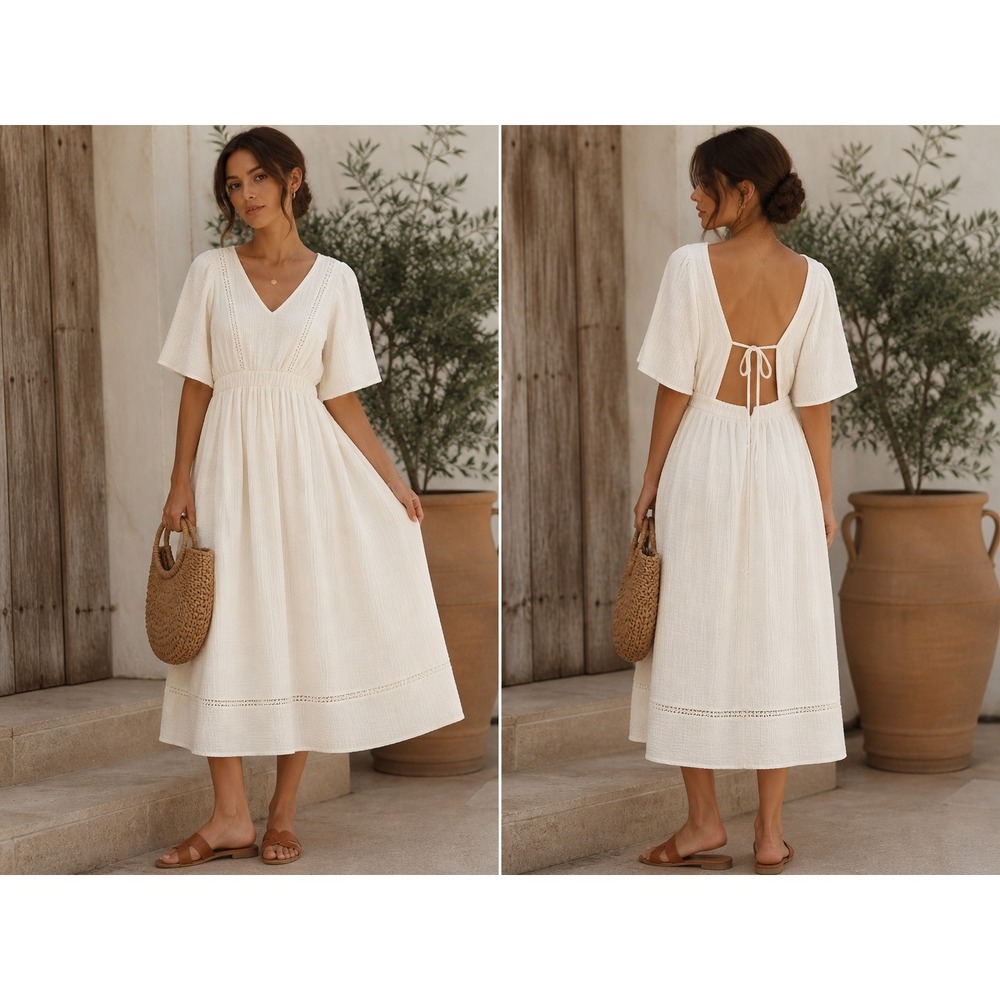 MNG Off-White Gauze Boho Midi Dress Open Back Tie Cottagecore Cotton Coastal B